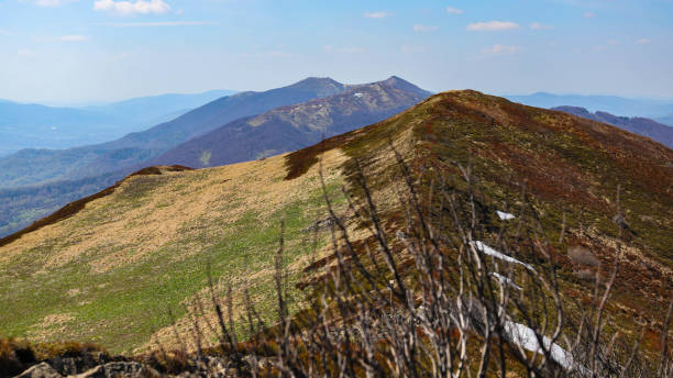 european idyllic mountains covered with colorful plants; colorful ridges in bieszczady mountains, europe, poland stunning spring panorama of colorful mountains; vegetation coming back to life, Bieszczady mountains during springtime bieszczady mountains stock pictures, royalty-free photos & images