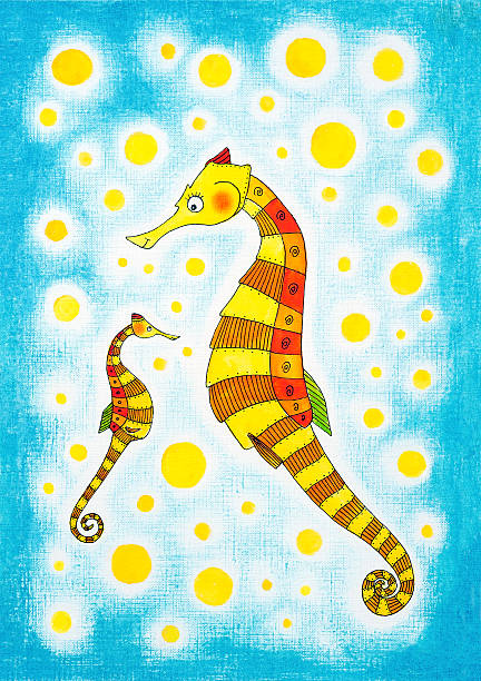 seahorses 、子供の絵、水彩画紙のキャンバス - marine life orange sea horse sea点のイラスト素材／クリップアート素材／マンガ素材／アイコン素材