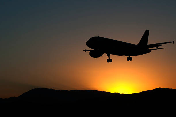 istock Aircraft landing in sunset 166439170