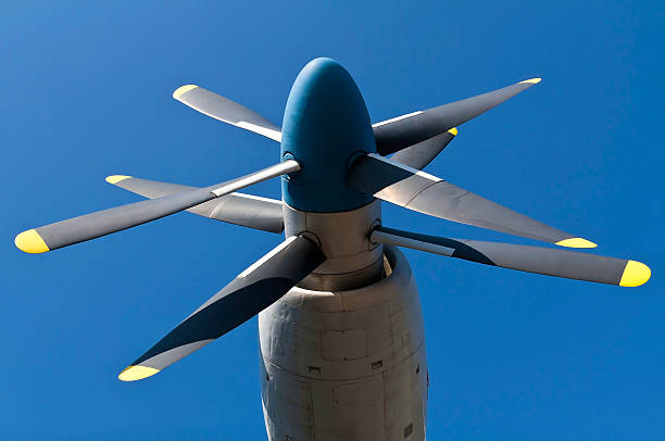 Double aircraft propeller on blue sky stock photo