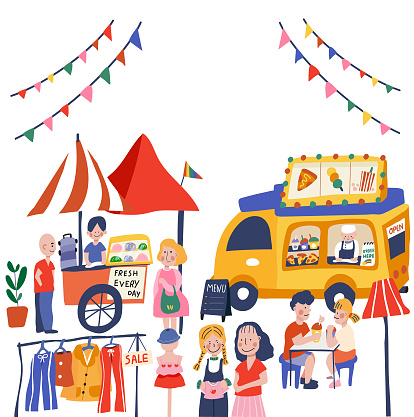 Open air market or bazaar having people selling foods, clothes, and goods with colorful doodle , flat style, illustration, vector