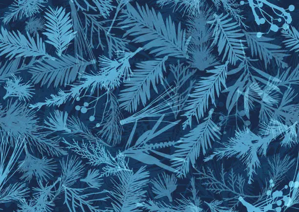 Vector illustration of Seamless Blue Christmas frosty plants winter design
