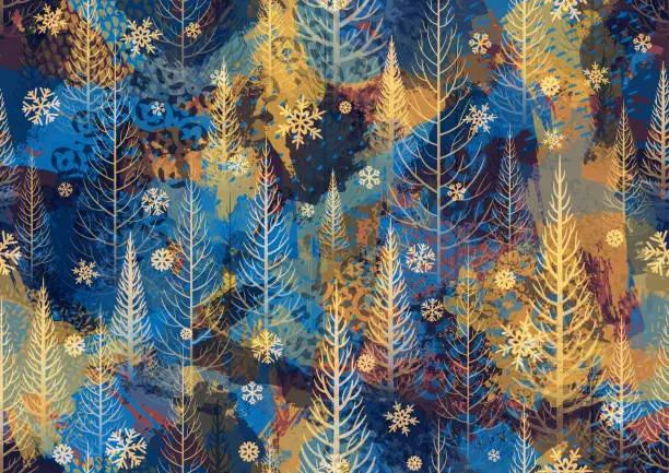 Vector illustration of Seamless blue and gold Christmas winter forest background