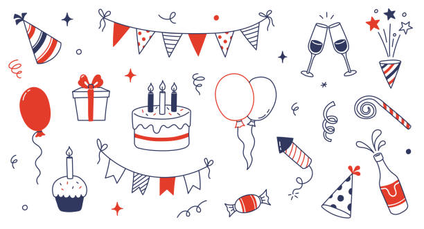 Birthday doodle icon element. Hand drawn sketch doodle birthday cake, balloon, event decoration element. Party, carnival celebration concept background. Vector Birthday doodle icon element. Hand drawn sketch doodle birthday cake, balloon, event decoration element. Party, carnival celebration concept background. Vector illustration. anniversary gifts stock illustrations