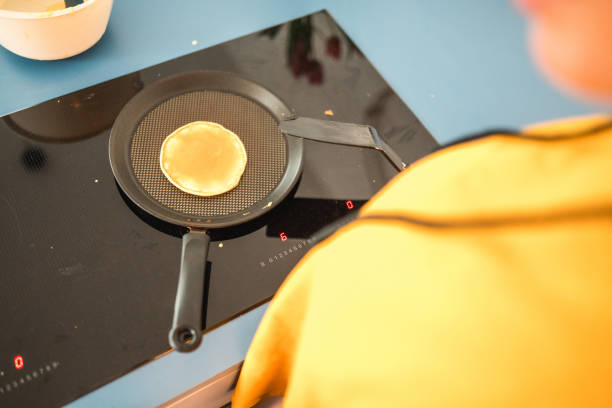 Close-up photo of making American pancakes for a sweet breakfast.