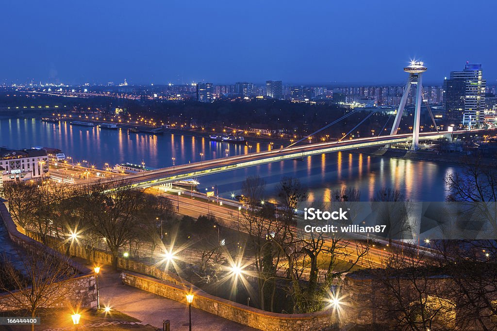 New Futuristic Bridge in Bratislava at Twilight Architecture Stock Photo