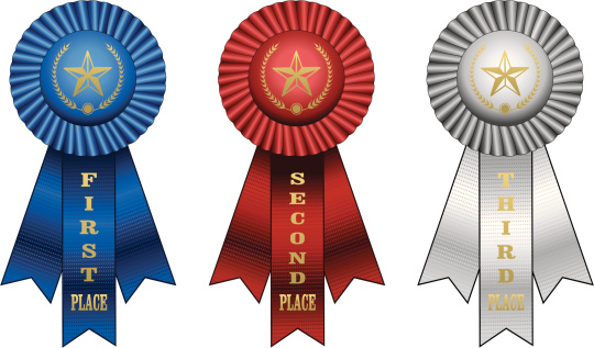 Illustration of a Blue ribbon for first place award, Red ribbon for second place award, and white ribbon for third place award.
