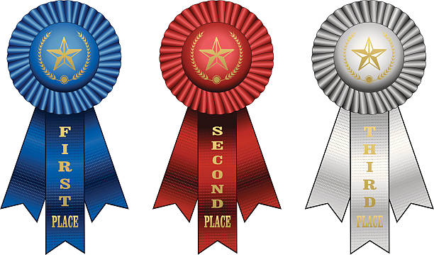 Award Ribbons Illustration of a Blue ribbon for first place award, Red ribbon for second place award, and white ribbon for third place award. second place stock illustrations