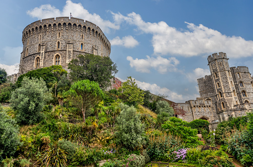 Windsor, UK - July 29, 2023: The King Edward III Tower at the Windsor Castle as seen from the surrounding streets