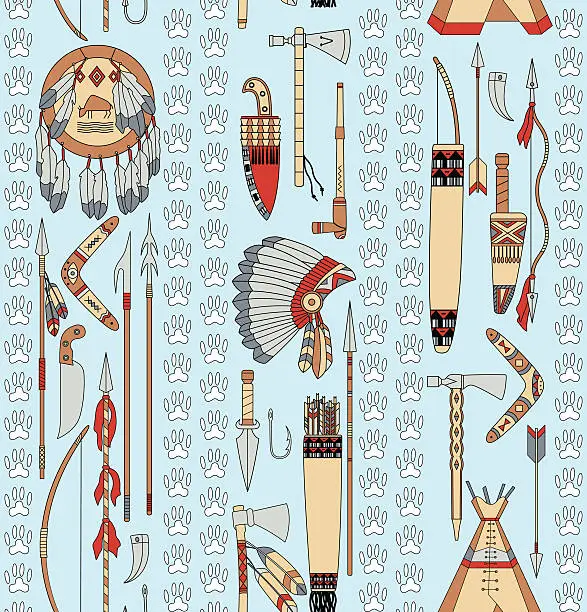 Vector illustration of seamless pattern with Native American attributes and animal tracks