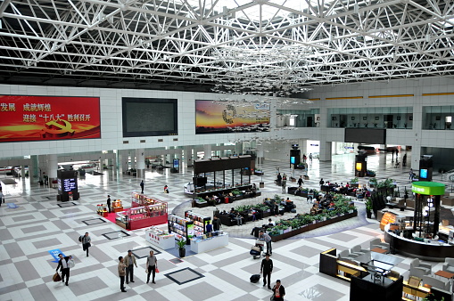 Zhuhai, Guangdong, China- November 18, 2012: Zhuhai, which is a city in the Zhu River Delta, is one of the four Special Ecomony Zones in China.  Here is the internal view of the Terminal Building of Zhuhai Airport.