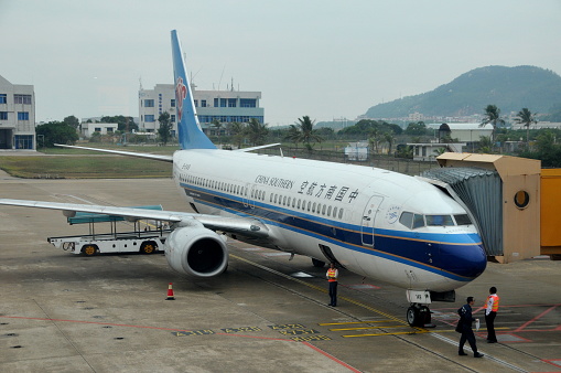 Zhuhai, Guangdong, China- November 18, 2012: Zhuhai, which is a city in the Zhu River Delta, is one of the four Special Ecomony Zones in China.  Here is the Boeing 737 airplane of China Southern Airlines in Zhuhai Airport.