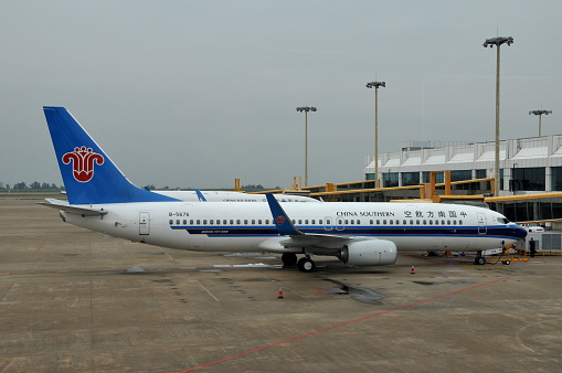 Zhuhai, Guangdong, China- November 18, 2012: Zhuhai, which is a city in the Zhu River Delta, is one of the four Special Ecomony Zones in China.  Here is the Boeing 737 airplane of China Southern Airlines in Zhuhai Airport.