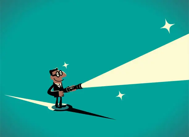 Vector illustration of A businessman standing on a compass lights the way ahead with a flashlight, Guiding Light, Navigating the Business World, Steering Success, Beacon of Innovation, Leading with Precision