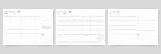 Vector illustration of Planner templates for month, week, day. Organizer of timetable. Vector illustration.