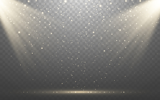 Spotlight background. Gold glitter rays. Product display template. Award ceremony backdrop. Stage template with light and particles. Shiny scene design. Vector illustration.