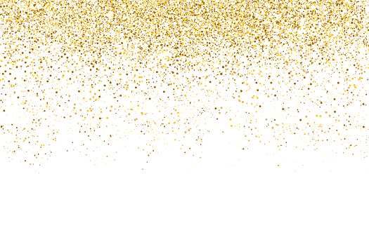 Confetti gold. Yellow shiny circles. Greeting card template. Luxury gold glitter. Sparkling dust decoration. Round confetti effect. Falling shiny elements. Vector illustration.