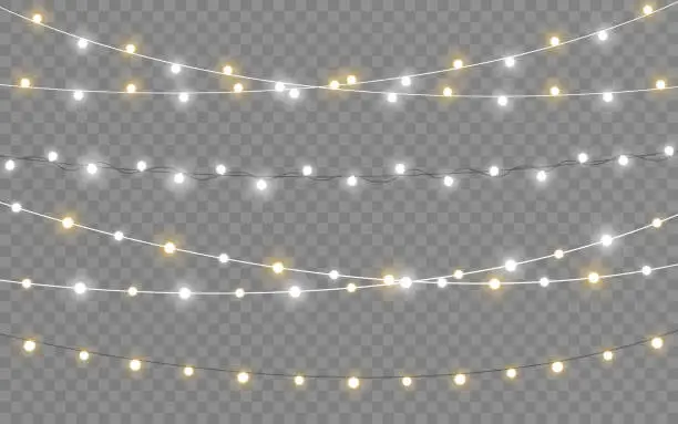 Vector illustration of Christmas lights. Golden garlands with soft light. Glowing bulbs. Greeting card decoration. Silver lights for poster, invitation or website. Realistic holiday lamps. Vector illustration