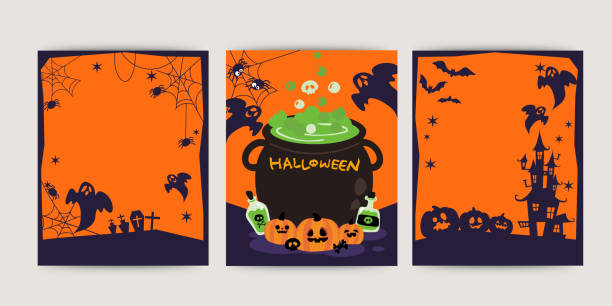 ilustraciones, imágenes clip art, dibujos animados e iconos de stock de conjunto vectorial de invitaciones a fiestas de halloween o tarjetas de felicitación con símbolos tradicionales. divertidos diseños de halloween. - halloween witch frame wizard