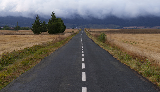 Empty asphalt road in rural landscape with dramatic clouds.