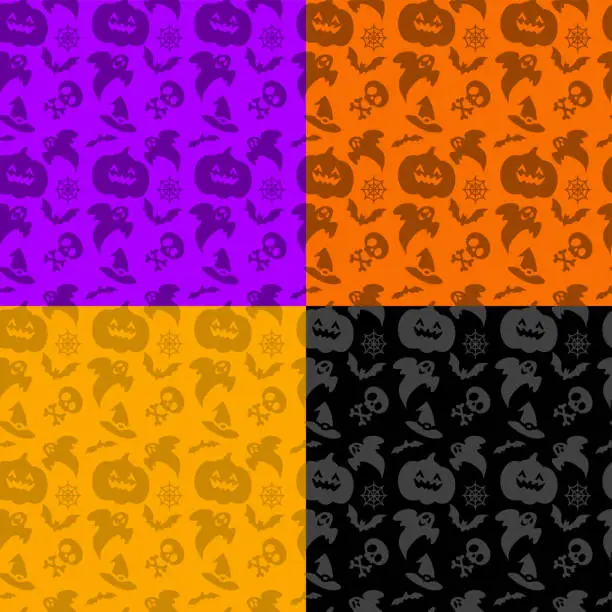 Vector illustration of Happy Halloween seamless patterns design set. Color icons of skull,  pumpkins, spider, ghost. Vector illustration.