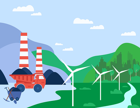 Comparison between coal mine and wind turbines as energy sources. Wind energy as sustainable alternative to fossil fuels vector illustration. Industry, energy, sustainability concept