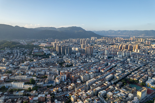 Aerial view of dense buildings in small city