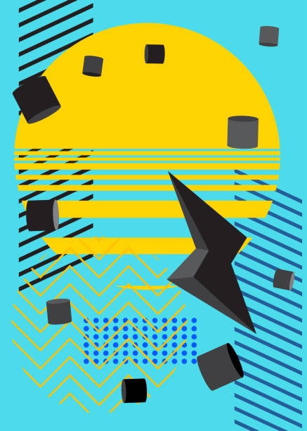 istock Black, Blue and yellow geometrical graphic retro theme cover. Minimal geometric elements poster design. Vintage abstract shapes template for poster banner. 1664596253