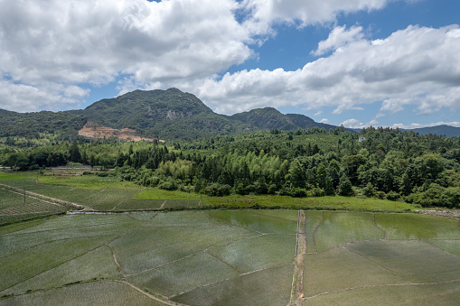 Aerial view of farmland and mountains