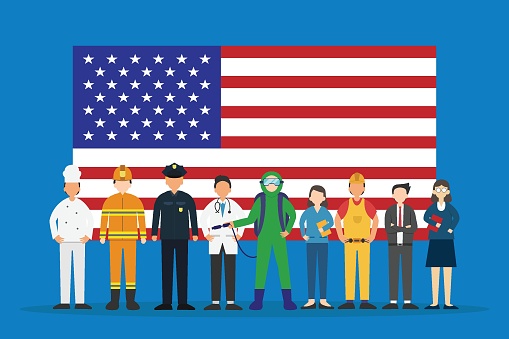 Happy Labor Day. Various occupations people standing with American flag 2d vector illustration concept for banner, website, landing page, flyer, etc