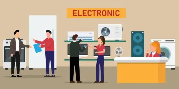 Vector illustration of People visitor and shop assistant at consumer electronics store