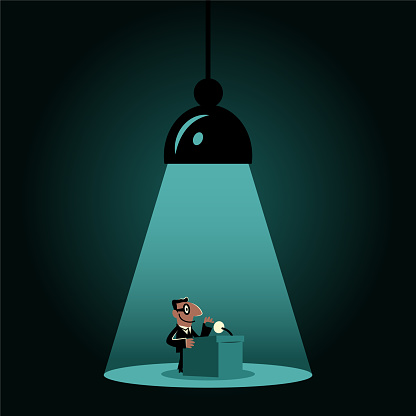 Business People Characters Cartoon Vector Art illustration. 
A bright light is focused on a businessman standing on the podium giving a speech.