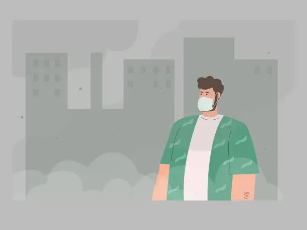 Vector illustration of Environment toxic gas pollution and industry smog danger concept. Man in protective face masks