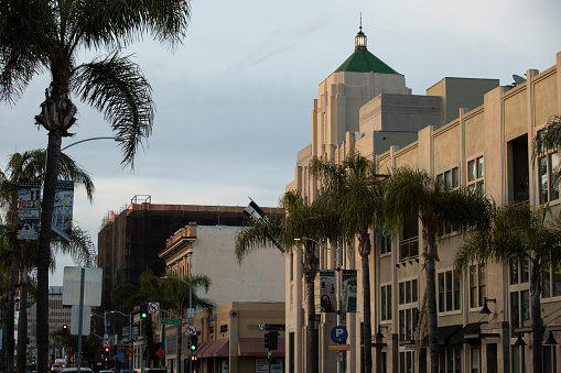 Santa Ana, California, USA - August 12, 2023: Afternoon sunlight shines on the historic core of downtown Santa Ana.