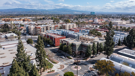 Daytime aerial view of dense housing in downtown Santa Ana, California, USA.