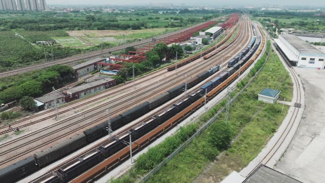 Aerial view of freight trains on tracks