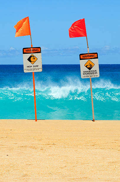 istock High surf and Dangerous Shorebreak signs on Kauai, Hawaii 166473794