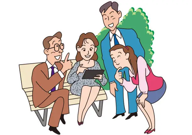 Vector illustration of Colleagues looking at tablets in the park during lunch break