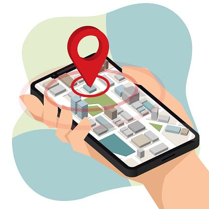 Hand holding mobile smart phone show pin to Isometric Location mobile app.