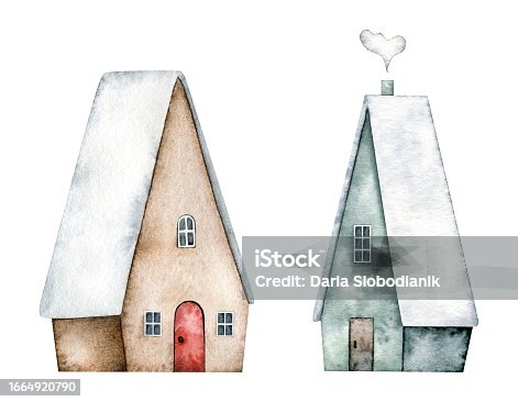 istock Winter set of cute houses with doors, windows, chimney, with snow on the roof. Hand painted watercolor design for Christmas card, souvenirs, winter poster, happy new year, sticker 1664920790