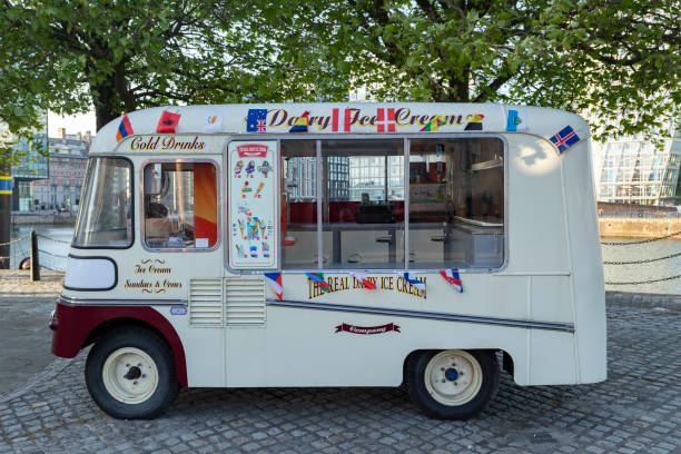 Liverpool, united kingdom May, 16, 2023 Old ice cream van at Liverpool water front, Liverpool, Merseyside