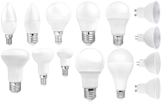 set of modern LED bulbs isolated with clipping path