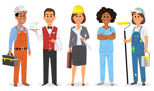 A group of people of different professions standing together, looking at the camera.Electrician/ construction worker, waiter, architect, nurse/doctor and painter. Vector flat illustration isolated on white.