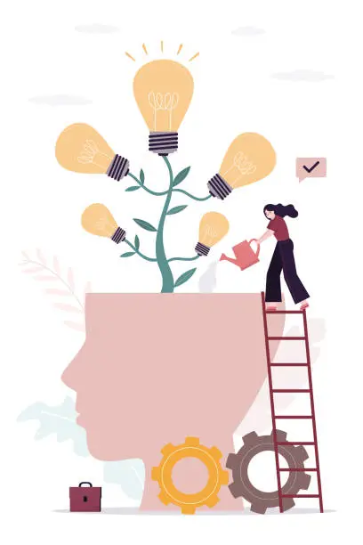 Vector illustration of Creative businesswoman or business coach growing tree of ideas in human head. Venture fund invests in successful projects. Mentor help with brainstorming, pitching ideas.