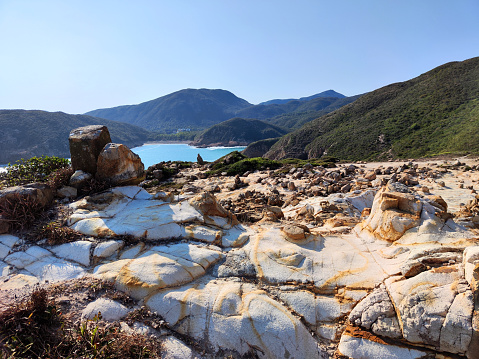 View of the beautiful rocky coastline in Hong Kong UNESCO Global Geopark, Sai Kung East Country park.