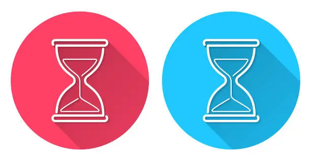 Vector illustration of Hourglass. Round icon with long shadow on red or blue background