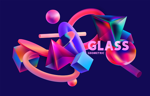 Colorful 3D geometric shapes in glass morphism style. Abstract vector composition.