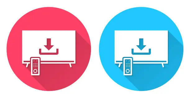 Vector illustration of Download on TV. Round icon with long shadow on red or blue background