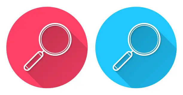 Vector illustration of Magnifying glass. Round icon with long shadow on red or blue background