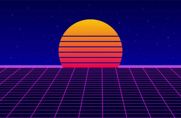 Vector illustration of Synthwave background template. 80s, 90s retro sunset backdrop. Neon light grid landscape.